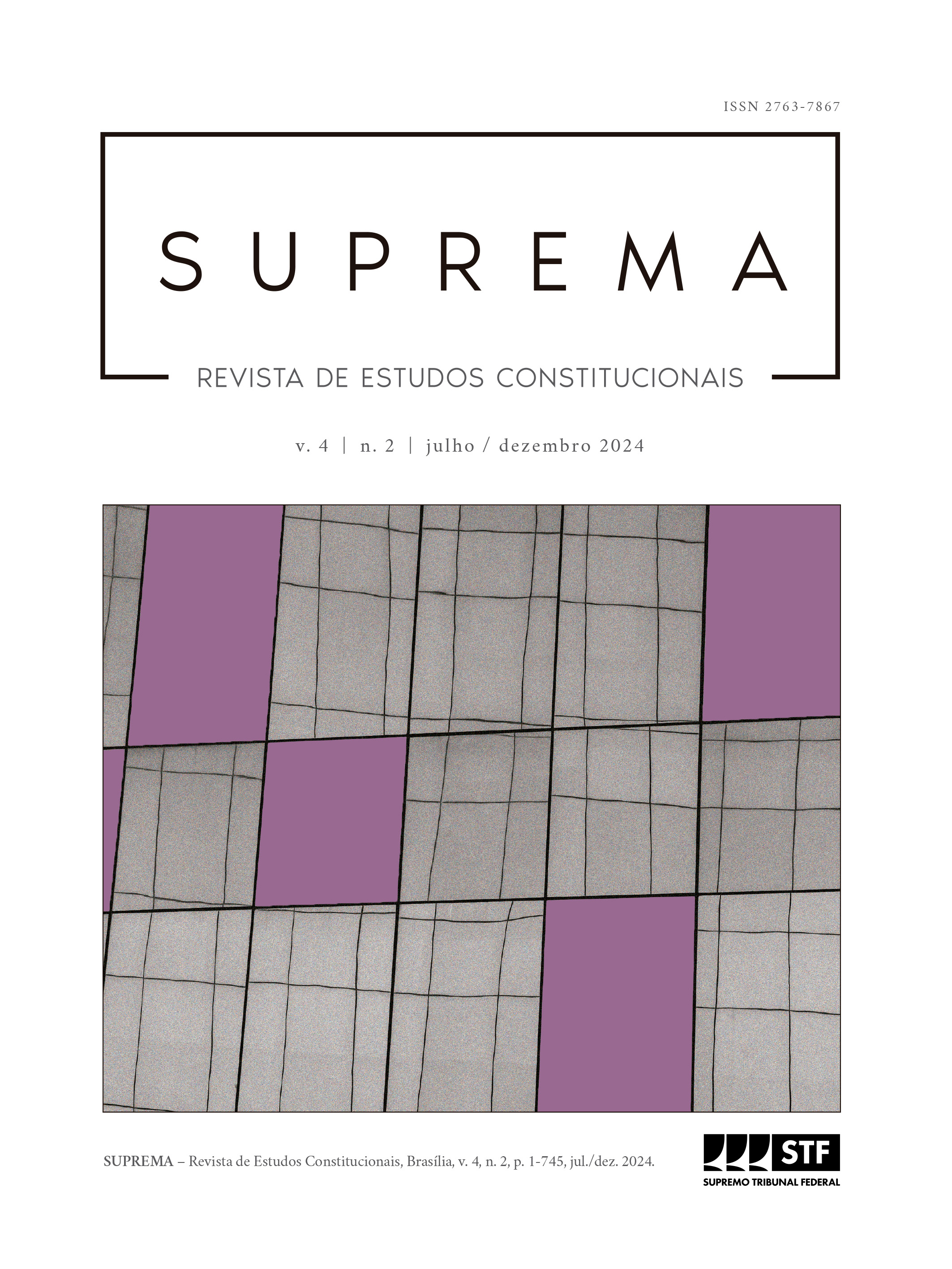 Capa da Suprema, Revista de Estudos Constitucionais, volume 4, número 2,  segundo semestre de 2024, é ilustrada por uma foto das vidraças do STF, estilizada em forma de desenho, com sobreposição de quadrantes na cor roxa.